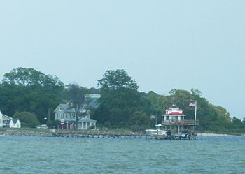 Lighthouse-shaped folly at the mouth of the Great Wicomico River, in Fleeton