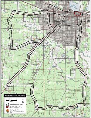 Map of Pine Bluff Battlefield core and study areas by the American Battlefield Protection Program