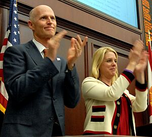 Rick Scott, Pam Bondi, and Dean Cannon celebate unanimous approval of legislation in the House (cropped)