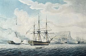 Robert Cleveley - H.M.S. Romney capturing the French 44-gun Sybille and three merchantmen in the roads off Mykonos, Greece, 17th June , 1794
