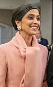 Second lady Usha Vance, escorted by a U.S. Marine Corps officer, makes her way to the Capitol Rotunda to attend the 60th Presidential Inauguration at the U.S. Capitol (cropped)