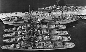 USS Bryce Canyon (AD-36) with destroyers at Terminal Island c1962