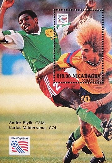 André Kana-Biyik vs Carlos Valderrama 1994 stampsheet of Nicaragua