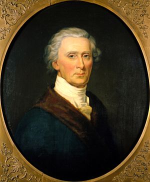 Oval portrait of a man from the bust up, facing the viewer. He has with gray hair and is wearing a blue jacket with a brown lapel, and white cravat around his neck