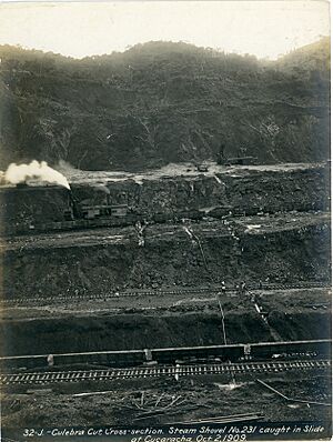 Culebra Cut, Cross-section. Steam Shovel No. 231 caught in Slide at Cucaracha.
