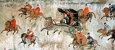Dahuting Tomb mural, cavalry and chariots, Eastern Han Dynasty