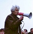 E P Thompson at 1980 protest rally (cropped)