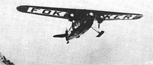 Fokker F.VII plane of Byrd-Bennett in flight in 1926