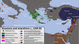 Invasions, destructions and possible population movements during the Bronze Age Collapse, ca. 1200 BC