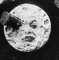Georges Méliès Le Voyage dans la Lune, showing a projectile in the man in the moon's eye from 1902