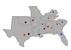 Location of teams in Southeastern Conference