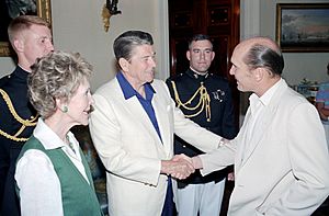 President Ronald Reagan and Nancy Reagan greet Robert Duvall