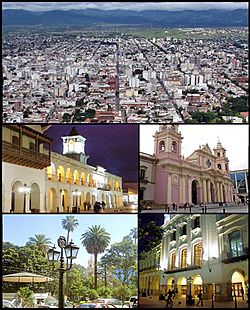 (From top to bottom; from left to right) View of the city from top of San Bernardo Hill; Colonial Cabildo; Cathedral of Salta; Ninth of July Plaza and the Victoria Theatre.