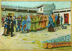Shalom Koboshvili. Taking the bride to the bath house (Mikveh). watercolor on paper. 31.5 × 41.5cm. 1939