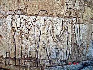 Shoshenq III, standing on the boat "msktt", the boat of the night, with the god Atum. From his tomb in Tanis.