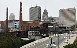 Skyline of Winston-Salem with the redeveloped Bailey Power Plant in the foreground and 100 North Main Street, Winston Tower, and the Reynolds Building in the background