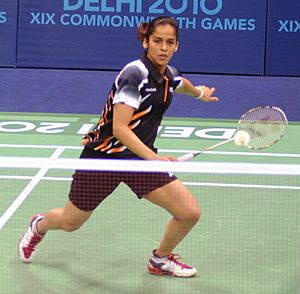 XIX Commonwealth Games-2010 Delhi Indian shuttler Saina Nehwal in action against her Barbados opponent during their match in the preliminary round of badminton event, at Sirifort Sports Complex, in New Delhi