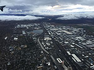 2015-11-03 06 40 05 View east towards Interstate 80 and the city of Sparks, Nevada from an airplane taking off from Reno–Tahoe International Airport