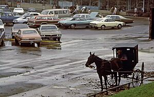 Amischer Kutscher auf einem Supermarkt-Parkplatz 06-1973