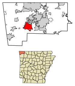 Location of Highfill in Benton County, Arkansas.