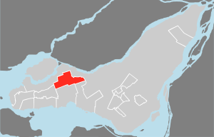 Location on Island of Montreal.  (Outlined areas indicate demerged municipalities).