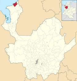 Location of the municipality and town of San Juan de Urabá in the Antioquia Department of Colombia