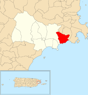 Location of Daguao within the municipality of Naguabo shown in red