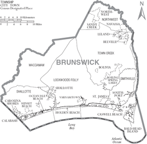 Map of Brunswick County North Carolina With Municipal and Township Labels