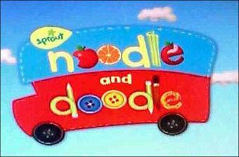 A bus shaped logo with the words Noodle and Doodle, with fruits and buttons for O's.