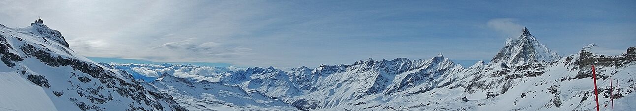 Panorama from Theodulpass 3301 m direction Breuil-Cervinia with Matterhorn Cervino 4478 m at the right side - panoramio.jpg