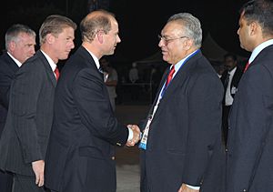 Prince Edward, Earl of Wessex being received by a senior officer of the Organising Committee Commonwealth Games 2010 Delhi, on his arrival at Jawaharlal Nehru Stadium