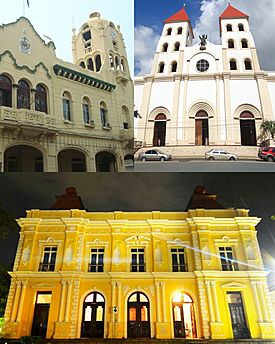 From top, left to right: Municipal Hall of San Miguel, Cathedral Basilica of Queen of Peace, National Theater Francisco Gavidia
