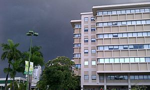 Storm clouds over condos in Pueblo Viejo barrio
