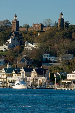 The eastern shore of Highlands borough, topped on a bluff by the Twin Lights of the Navesink