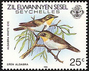 Aldabra white-eye 1985 stamp of Seychelles.jpg