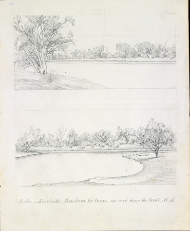 Bulla or Koorliatto, view from the camp up and down the Creek, by Hermann Beckler, 1861.tif