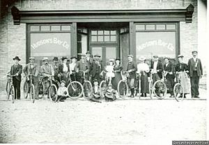 Fort Qu'Appelle cycling club before Hudson's Bay store, 1898