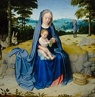 Rest on The Flight into Egypt, c. 1510, by Gerard David depicts a close, intimate moment of tenderness where she only has eyes for the Child.