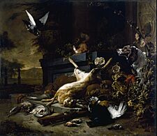 Jan Weenix - Still Life of Game including a Hare, Black Grouse and Partridge, a Spaniel looking on with a Pigeon ... - Google Art Project