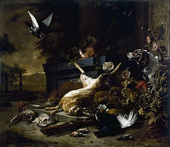 Jan Weenix - Still Life of Game including a Hare, Black Grouse and Partridge, a Spaniel looking on with a Pigeon ... - Google Art Project