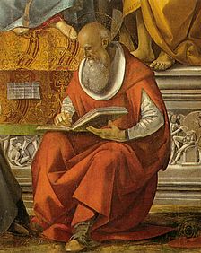 Luca signorelli, vergine in trono e santi, volterra, dettaglio san girolamo