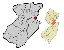 South Amboy highlighted in Middlesex County. Inset: Location of Middlesex County in New Jersey