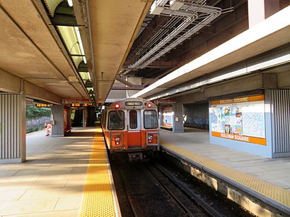 Outbound train at Sullivan Square station, July 2019.JPG
