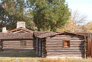 Reconstructed buildings at the site of Fort Caspar museum in Casper, Wyoming