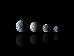 Relative sizes of all of the habitable-zone planets discovered to date alongside Earth