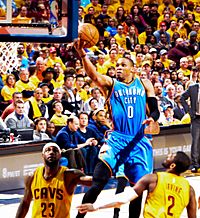 Russell Westbrook shoots against Cavs (cropped)