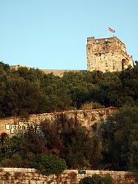 The Moorish Castle's Tower of Homage in Gibraltar flying the Union flag.