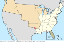 Map of the change to the United States in central North America on July 10, 1821
