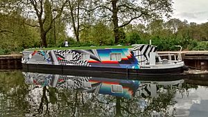 2018-05-03 13.58 Dazzle camouflage on the widebeam Growbeautifully on the Lea at Leyton Marshes