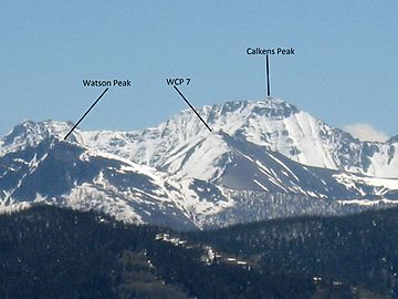 A photo of Calkins and surrounding peaks viewed from the northwest